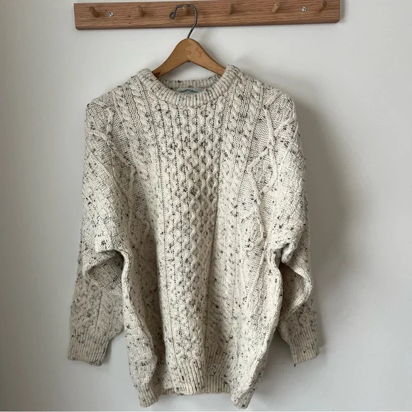 Aran crafts cable knit sweater speckled cream merino wool Irish Ireland XL - Picture 1 of 5